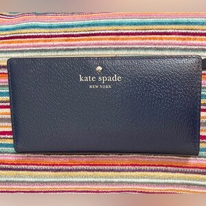 Kate Spade Grand Street Stacy Medium Wallet Oceano Navy Blue Pebbled Leather